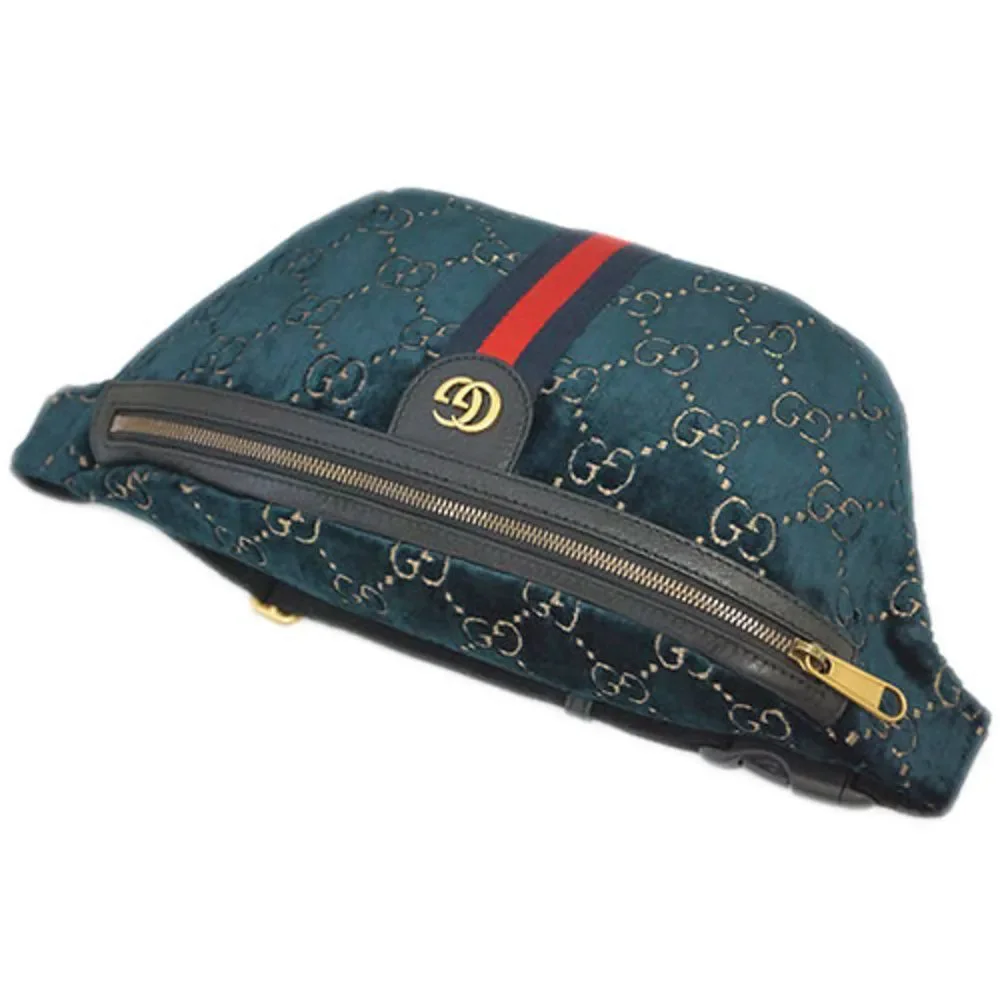 Gucci Waist Bag Diagonal GG Pattern GG Marmont Webbing Velvet Leather Navy - Picture 2 of 7